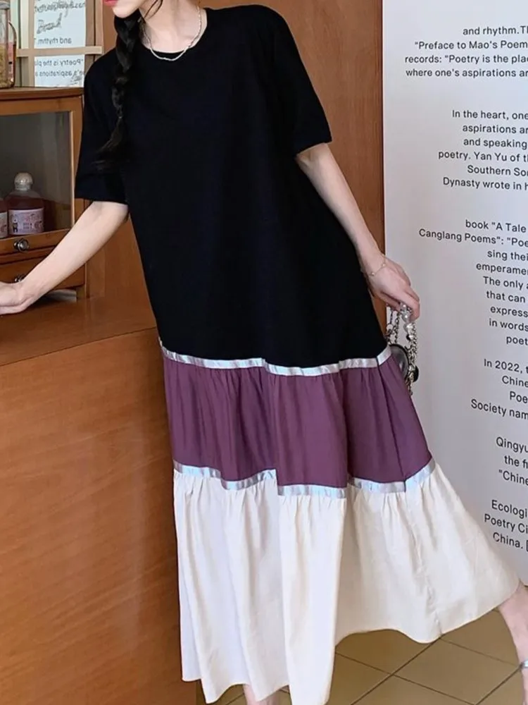 특대 Pletaed 패치 워크 T 셔츠 여성 드레스 여름 Striepd 빈티지 짧은 드레스 여성 한국 숙녀 드레스 Vestidos