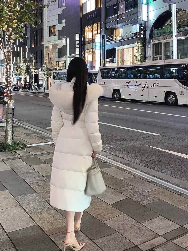 

White Fur Collar Long Over-Knee Waist-Cinching down Jaet Coat Warm Commute Sle Korean Straight Cut White Du down Fi...