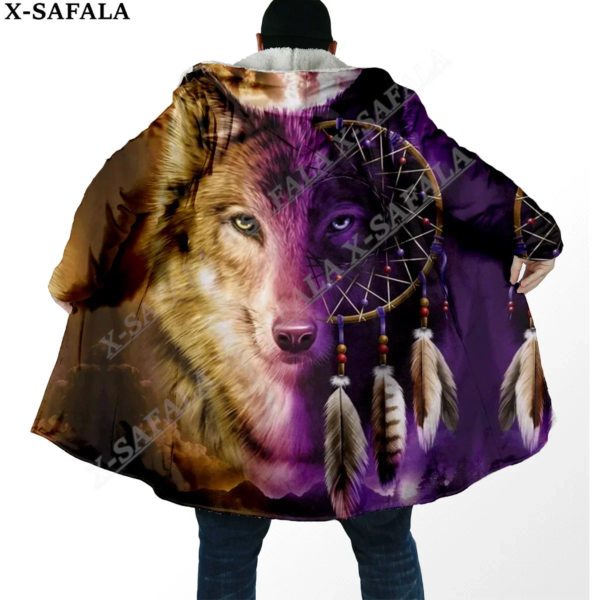 

Native Dream Catcher Wolf Art Moon 3D Print Dream Cloak Thick Warm Hooded Men Overcoat Coat Windproof Fleece Cape Robe Blanket-7