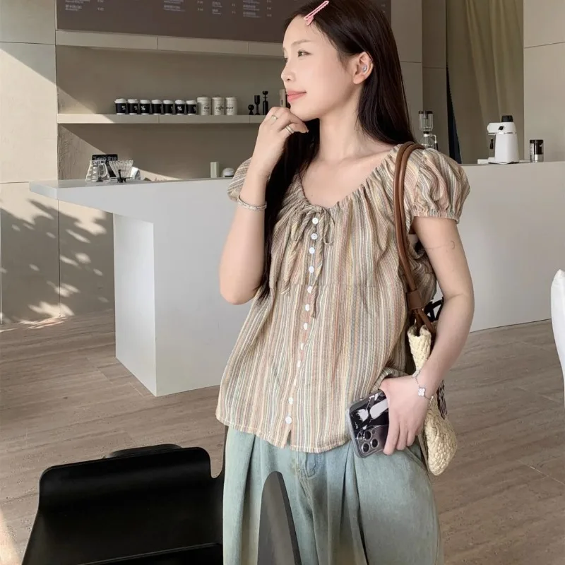 Short Shirts Women Spring Summer Tops Striped O-neck Loose Bow Puff Sleeve Design Sweet Chic Lovely Female Minority All-match