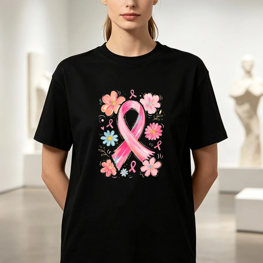 Breast Cancer Awareness Shirt Floral Pink Ribbon Tee Women Breast Cancer Warrior T-Shirt Breast Cancer Support Cotton T Shirt
