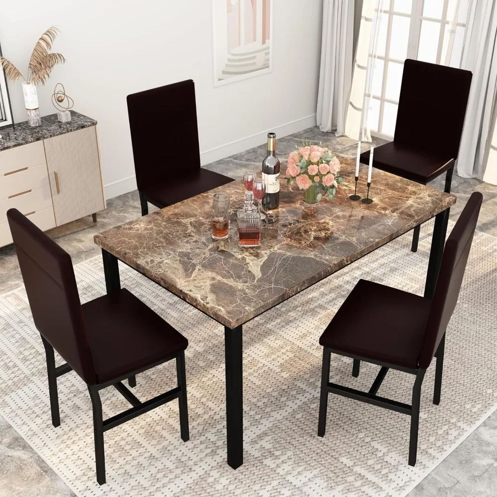 5 Piece Kitchen Table and Chairs for 4,Faux Marble Dining Table Set for 4,Modern Dining Room Table Set with PU Leather Chairs,