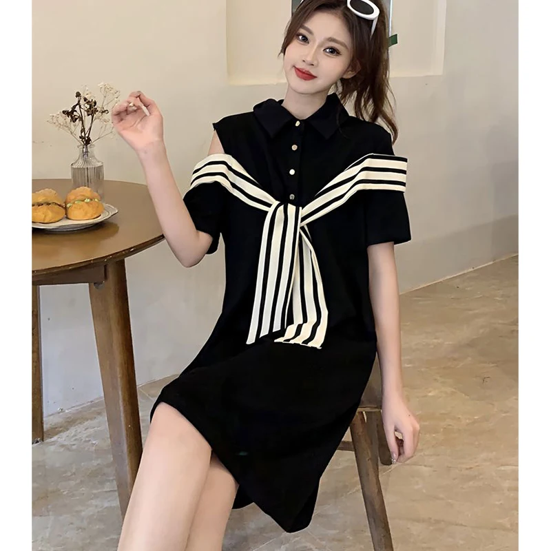 Fashion Lapel Striped Lace Up Off Shoulder Casual Dresses Female Clothing 2024 Summer New Loose All-match Short Sleeve Dress