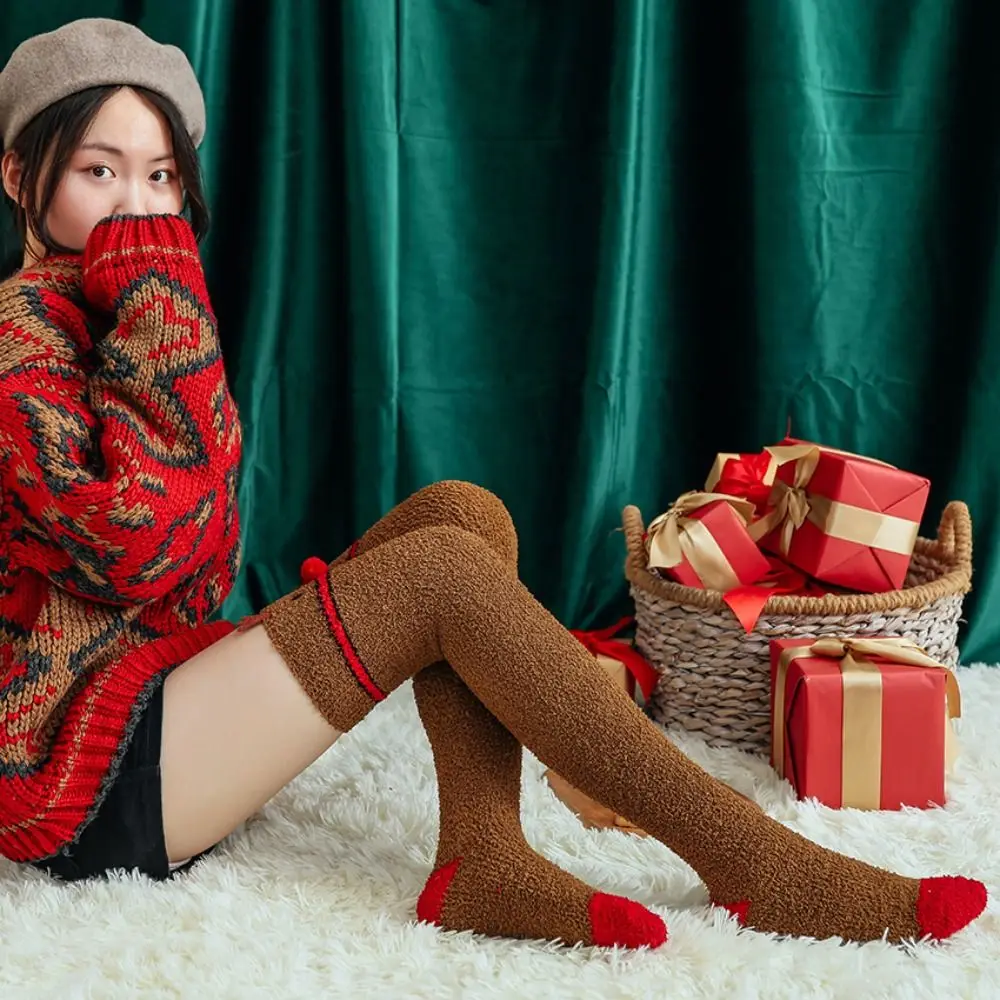 

Cute Coral Fleece Christmas Stockings Santa Claus Elk Cartoon Hosiery Snowman Korean Style Long Tube Socks Girls