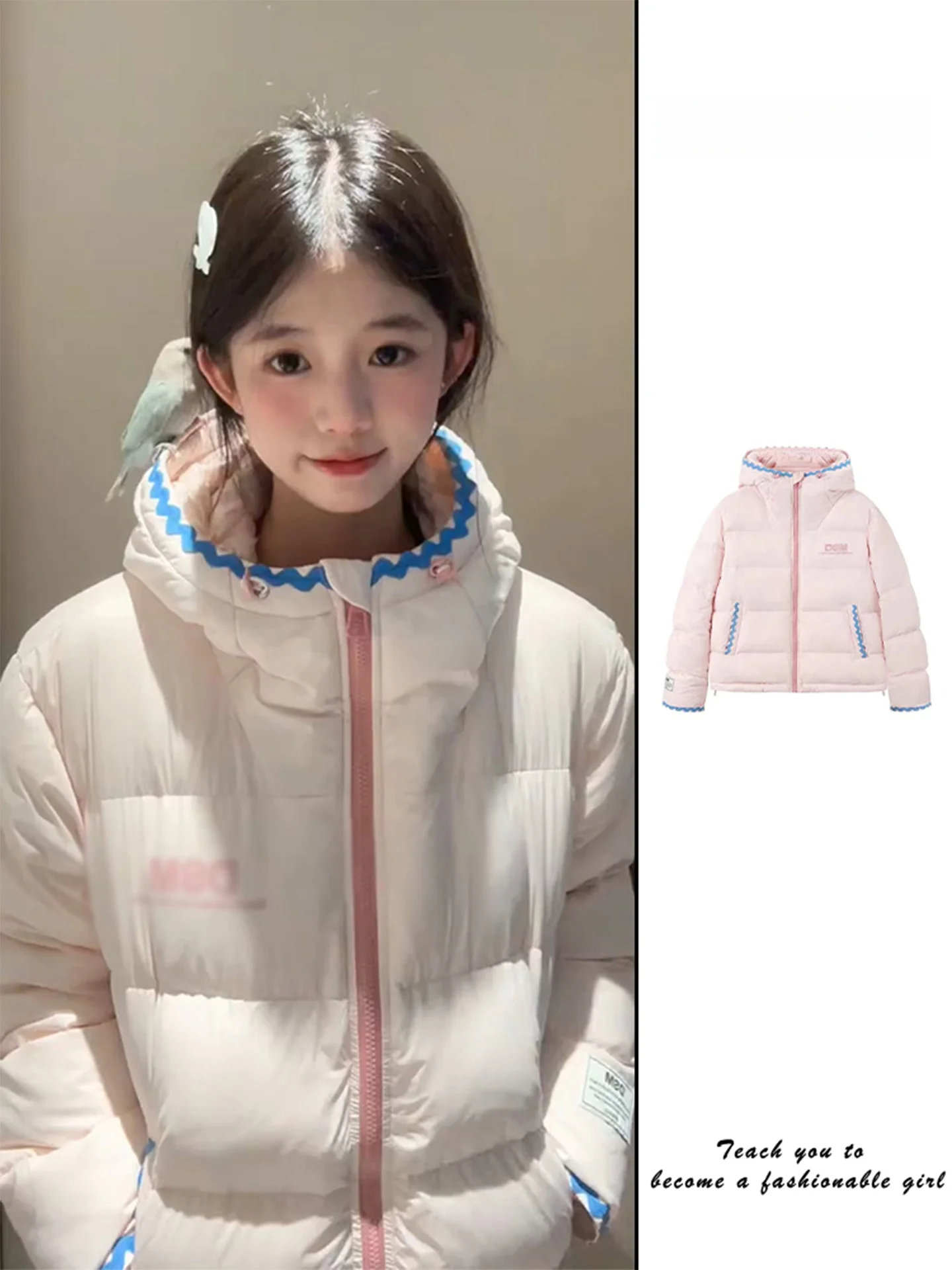 

Sweet Sle Pink Hooded down Cotton Jaet Women's Winter Thi Warm Bread Sle Coat Korean Loose Fit Long Sve Zipper