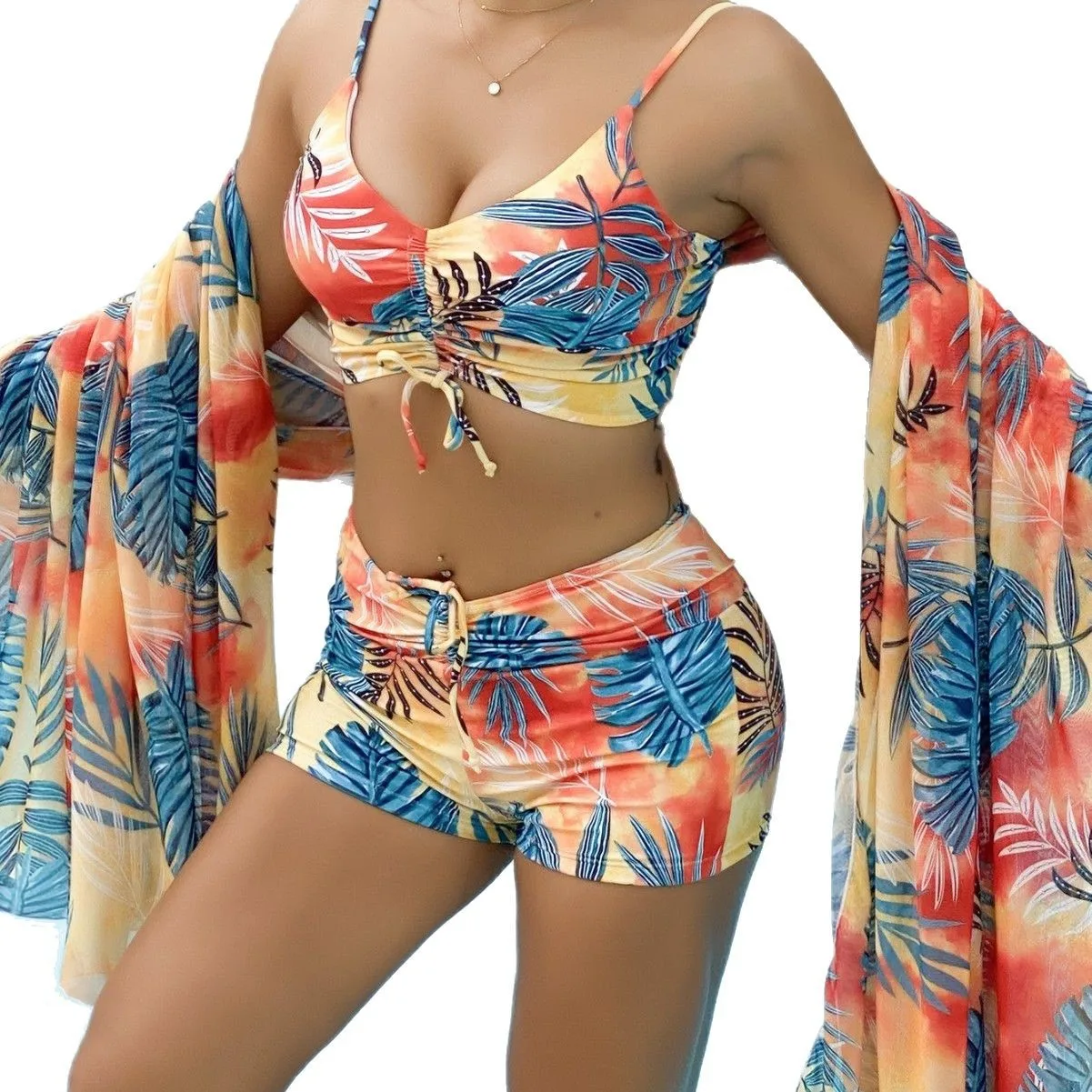 2025 3-Piece Bikini Set Push Up Top & Boyshort Bottom Sheer Cover Up Women's Sexy Swimwear Summer Women Holiday Outfits Female