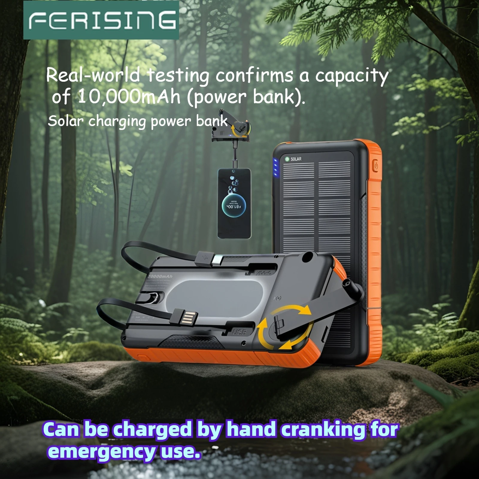 

FERISING 10000mAh Solar Power Bank with Hand Crank,Waterproof Shockproof Dustproof, Portable Charger for Outdoor Camping