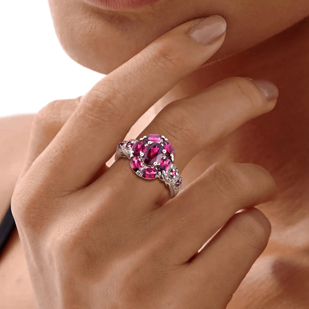GZ ZONGFA Natural Gemstone 3 Carats Purple Rhodolite Garnet Halo Rings 925 Sterling Silver Slide Fine Jewelry Eternity for Women