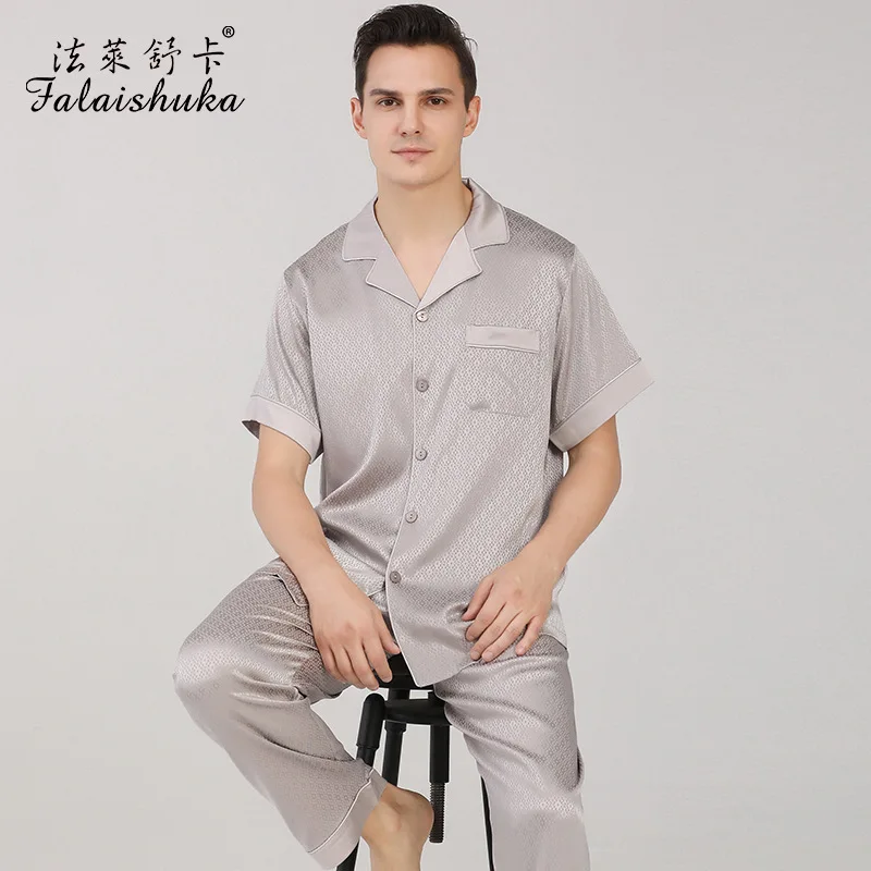 19 momme 100% genuine silk pajamas sets men short sleeves trousers Elegant silver gray plaid male pyjamas sleepwear T9096