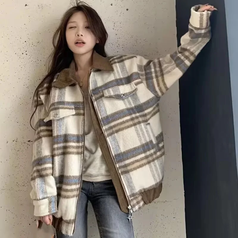 

Korean Women Loose Wool Blend Jacket Autumn Winter Female Splicing Together Woolen Plaid Coat Ladies Long Sleeves Woolen Tops