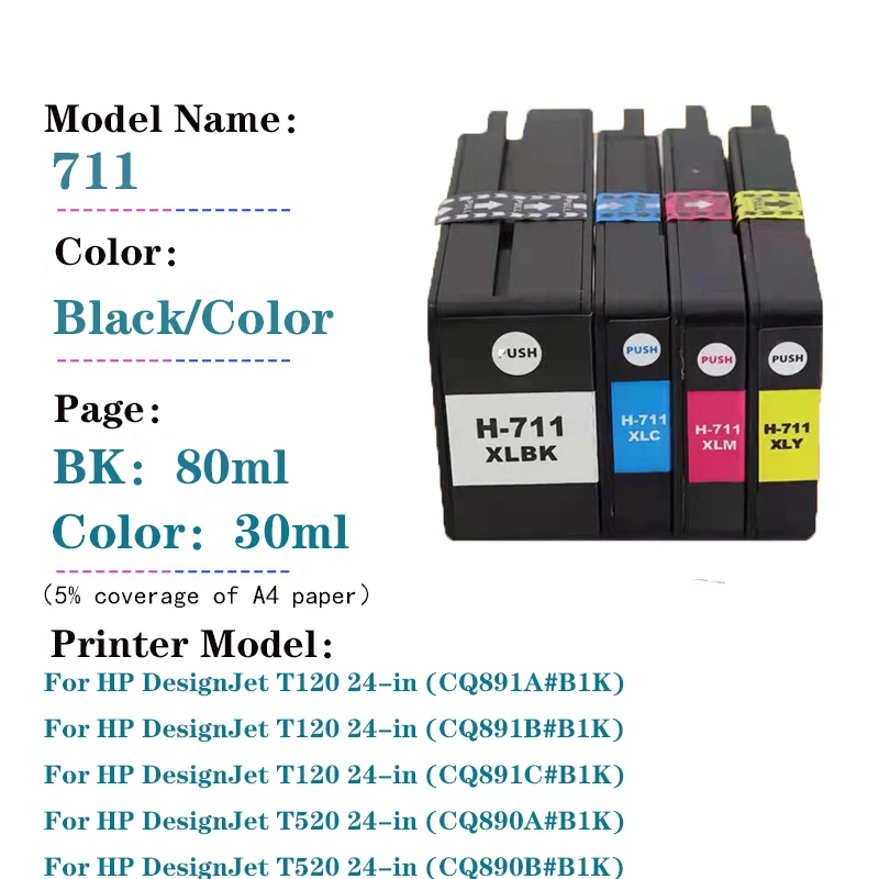 for HP 711 HP711 Compatible Ink Cartridge for HP CZ130A CZ131A CZ132A CZ133A DesignJet T120 T520 Printer