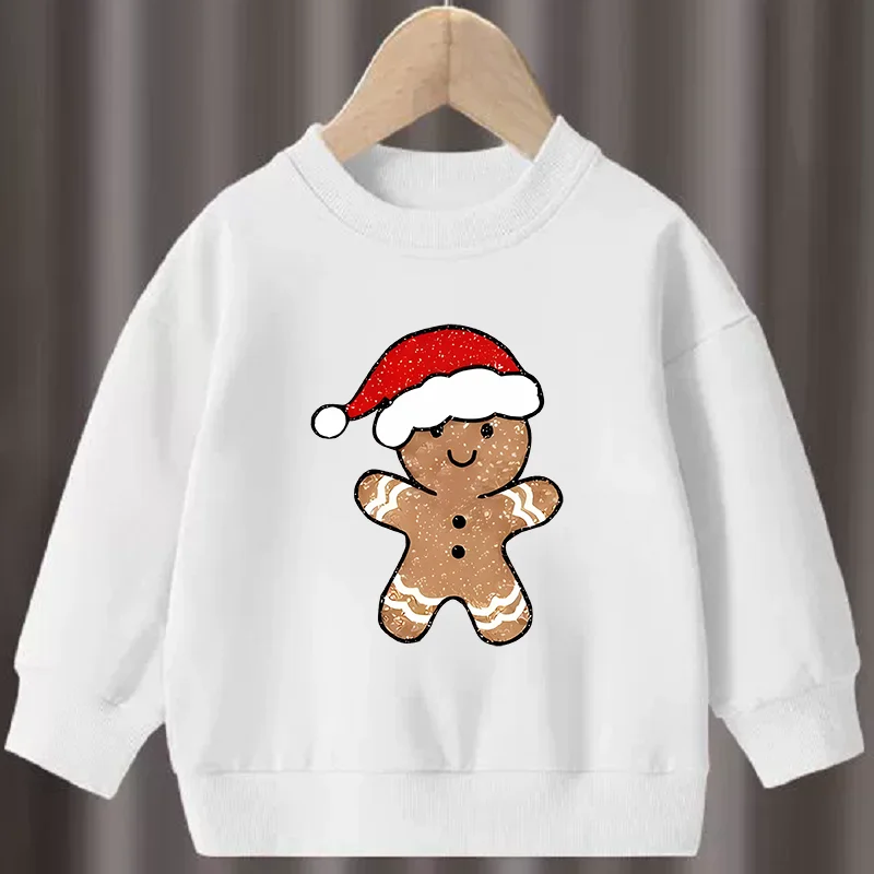 Kids Christmas Gingerbread Man Santa Hat Print Sweatshirt Boys Girls Crew Neck Long Sleeve Pullover Cute Holiday Children Casual