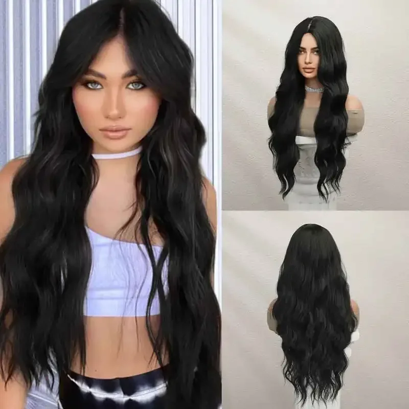 oneNonly Good Quality Synthetic Wigs Hair for Women Long Wave Black Wig Daily Natural Party Cosplay Heat Resistant Fiber