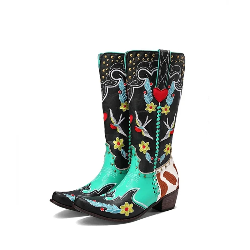 

BLXQPYT Zapatos De Mujer 2022 Fashion Leather Women Boots Embroidered Knee High Boots Pointed Toe High Heels Knight Boots 0125