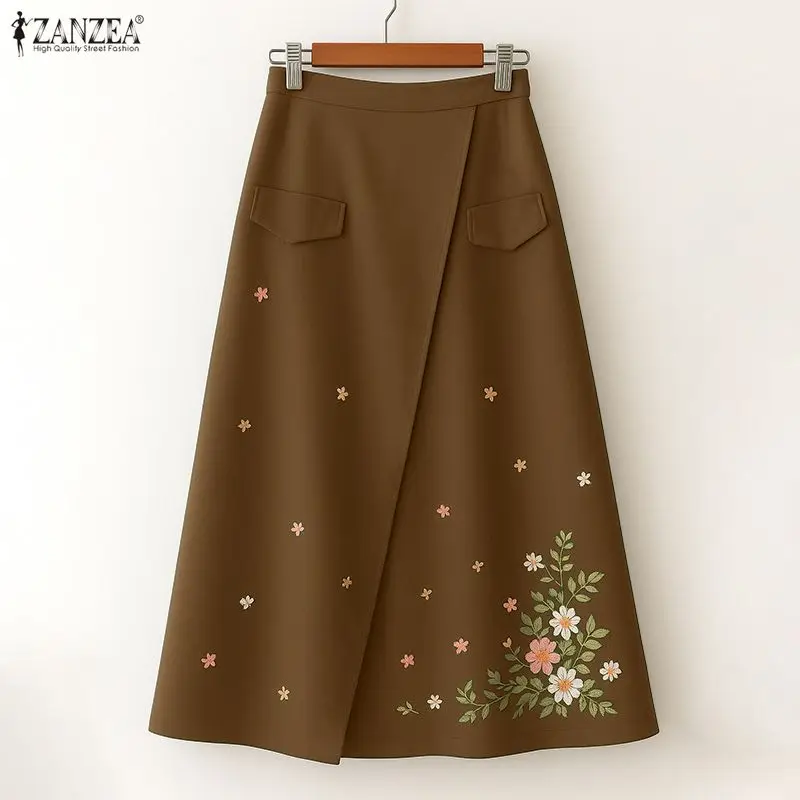 

ZANZEA Vintage Women High Waist Printed Skirts Autumn Overskirts Casual A-line OL Work Faldas Saia Retro Party Midi Skirt Robe