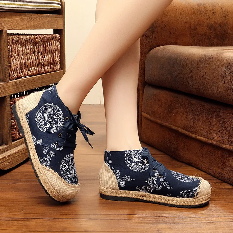 Round Toe Shoes Woman Flats Casual Female Sneakers Dress New Lace-Up Embroider Leisure Fabric Ethnic Basic Solid Floral Fretwork