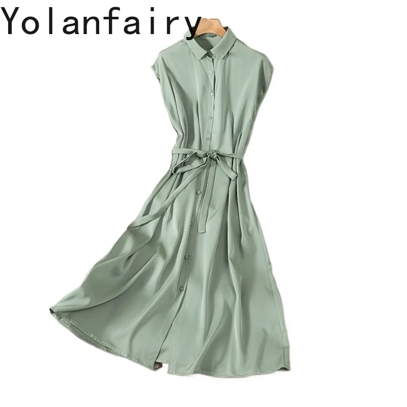 

YOLANFAIRY 93% Mulberry Silk Summer Dress 2025 Stretch Short-sleeved Woman Dresses Cinched Waist Elegant Dress vestidos de mujer