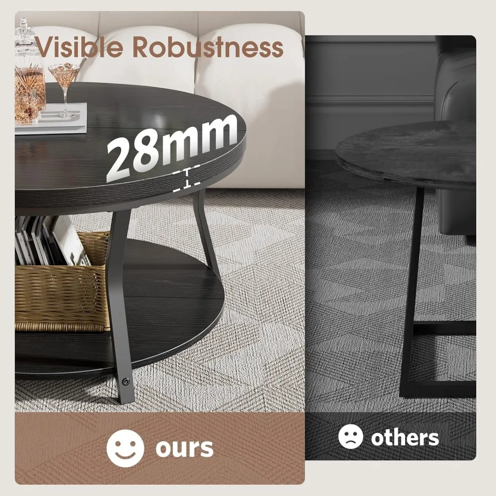 طاولة قهوة مستديرة صناعية حديثة بطبقتين مع سطح خشبي سميك لغرفة المعيشة