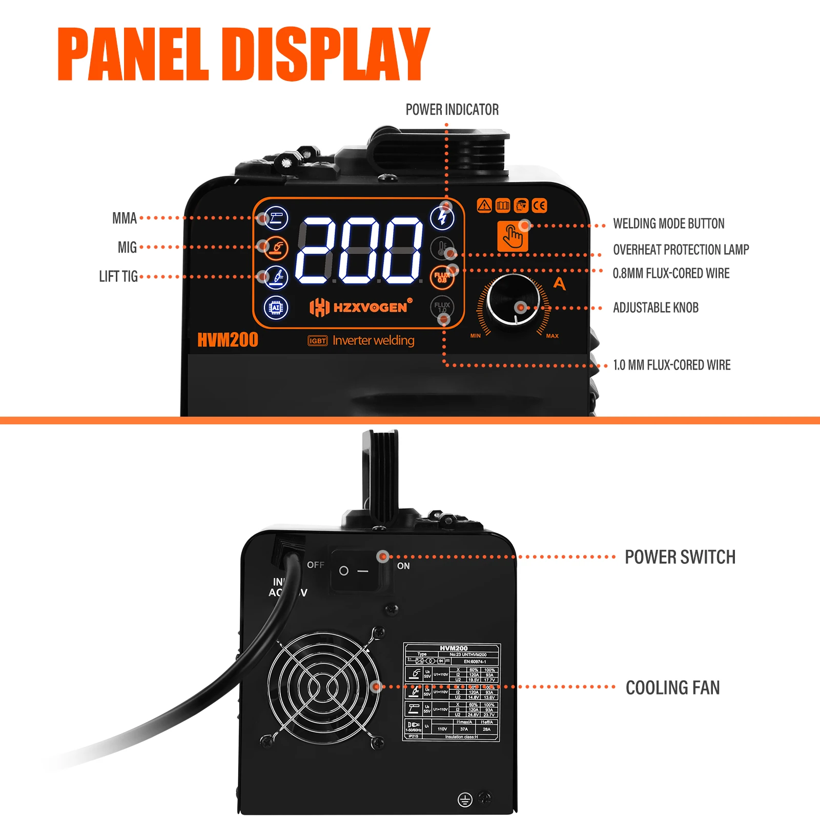 Imagem -04 - Hzxvogen-máquina de Solda Semi-automática Soldador Mig Nenhum Equipamento de Solda a Gás Inversor Igbt Mig Mma Elevador Tig em Hvm200