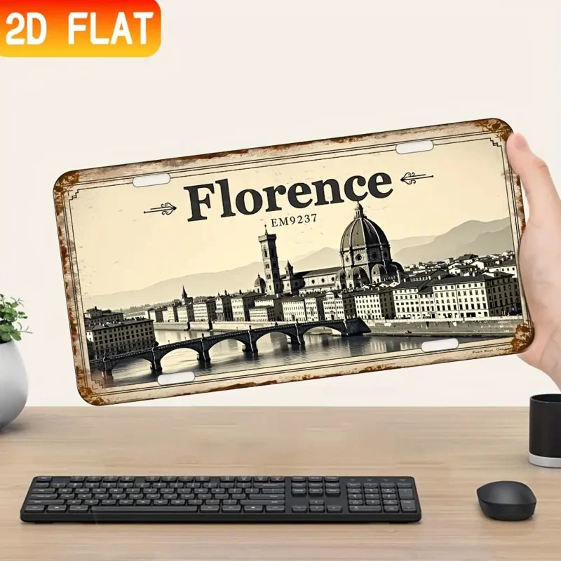 مسطحة ثنائية الأبعاد، قطعة واحدة من لوحة لافتة ديكور الحائط المصنوعة من الألومنيوم العتيق - فن المناظر الطبيعية في فلورنسا إيطاليا، لافتة معدنية على الطراز الصناعي لمقهى البار