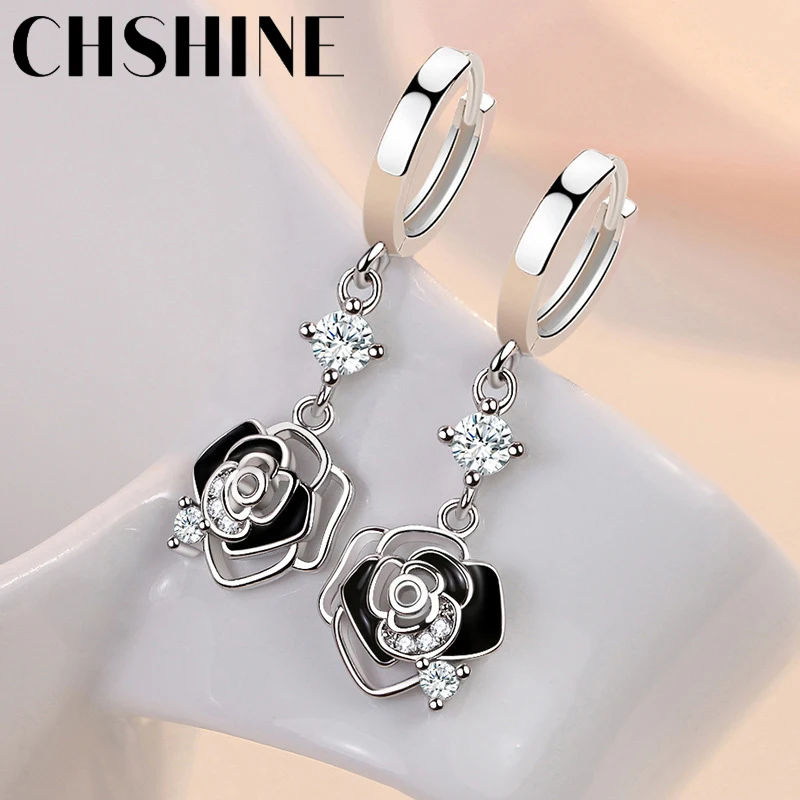 CHSHINE 925 Sterling Silver Black Rose Flower Earrings for Women's Wedding Gifts Fashion Jewelry