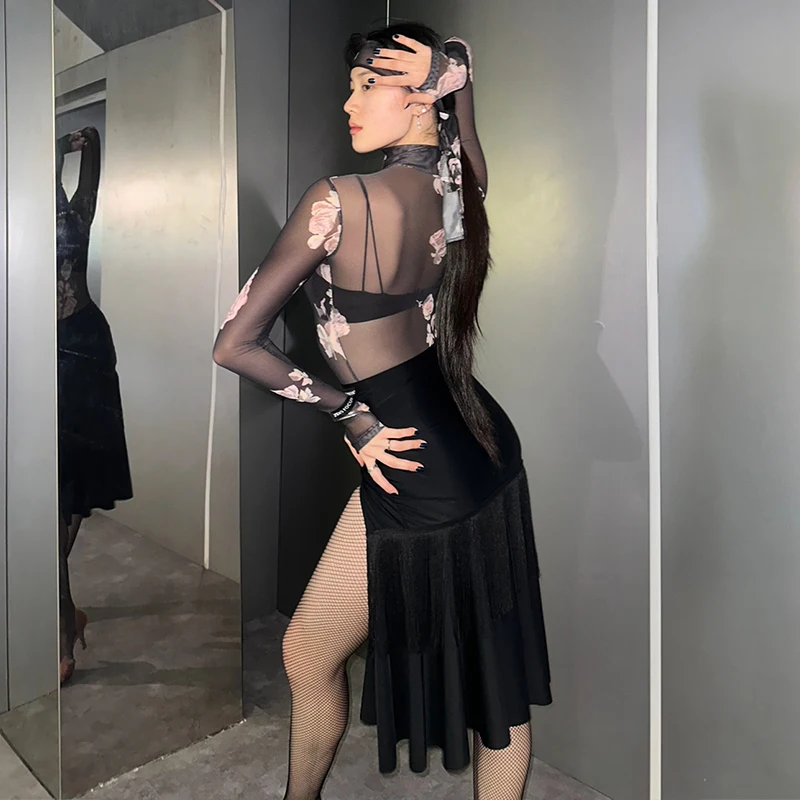 Nuovi vestiti da ballo latino sexy top in rete gonna con frange gonna da donna rumba tango costume da spettacolo di danza vestito da club per adulti DNV22187