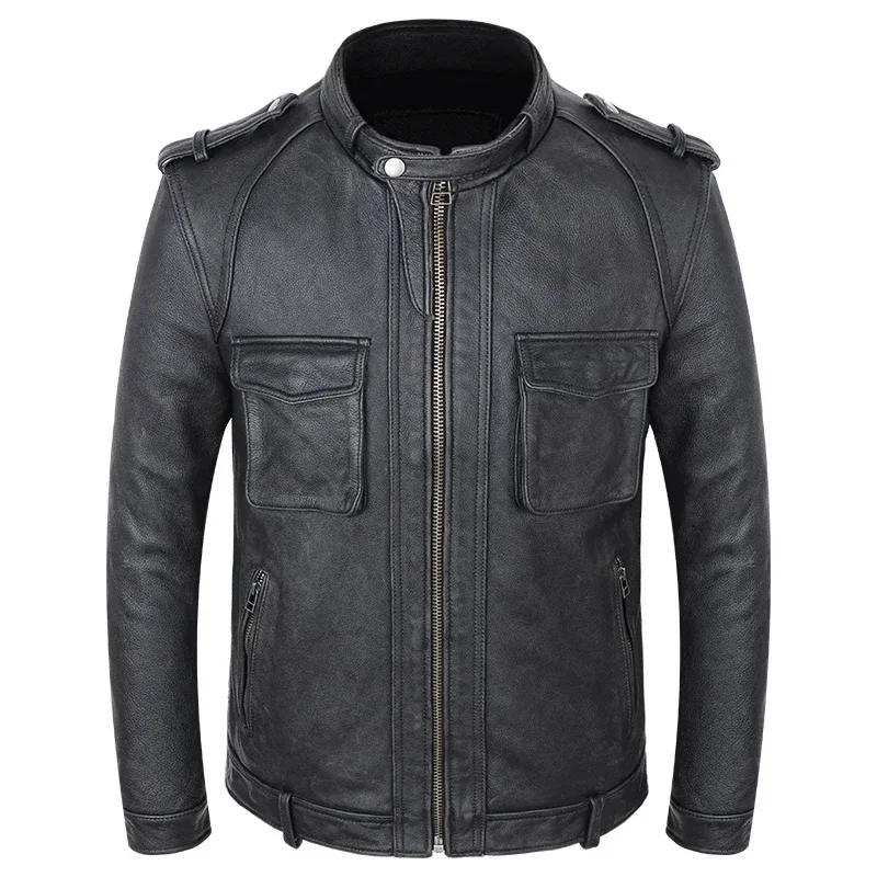 Vintage Black Grey Genuine Leather Jacket Men's Cowhide Spring Motorcycle Biker Jackets Tooling Slim Male Coat