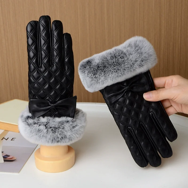 

Женские зимние перчатки из натуральной кожи с мехом кролика, утепленные, теплые, в клетку, с сенсорным экраном, для вождения, R3094