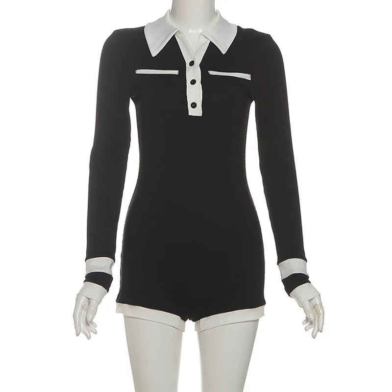 Color Patchwork Ribbed Skinny Playsuits 2025 Autumn Women Fashion Polo-neck Long Sleeve Buttons Slim Casual Rompers Streetwear