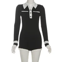 Color Patchwork Ribbed Skinny Playsuits 2025 Autumn Women Fashion Polo-neck Long Sleeve Buttons Slim Casual Rompers Streetwear - Image 3