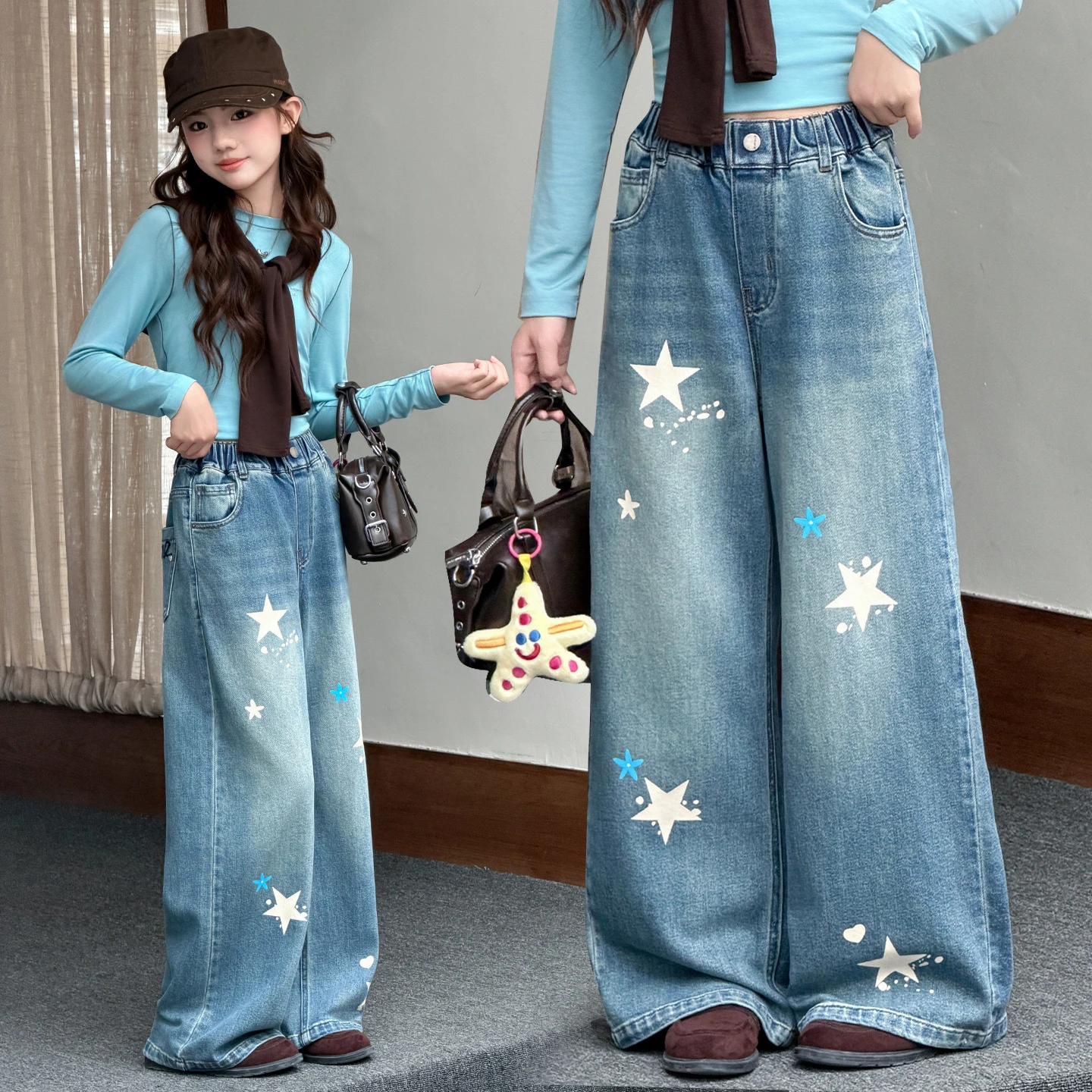 5 6 8 10 12 14 Years Girls Jeans Pants Spring Autumn New Five-Pointed Star Print Wide-Leg Pants For Teen Girls Fashion Trousers