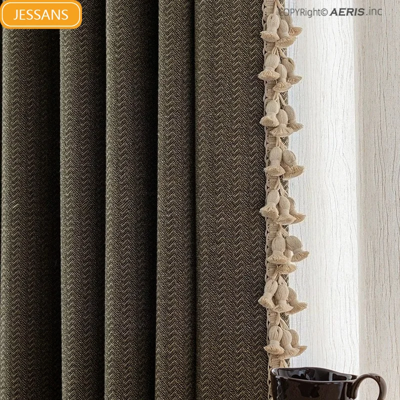 Forest Retro Green Cotton Linen Jacquard Thickened Curtains for Living Room Bedroom French Window Customized Finished Partition