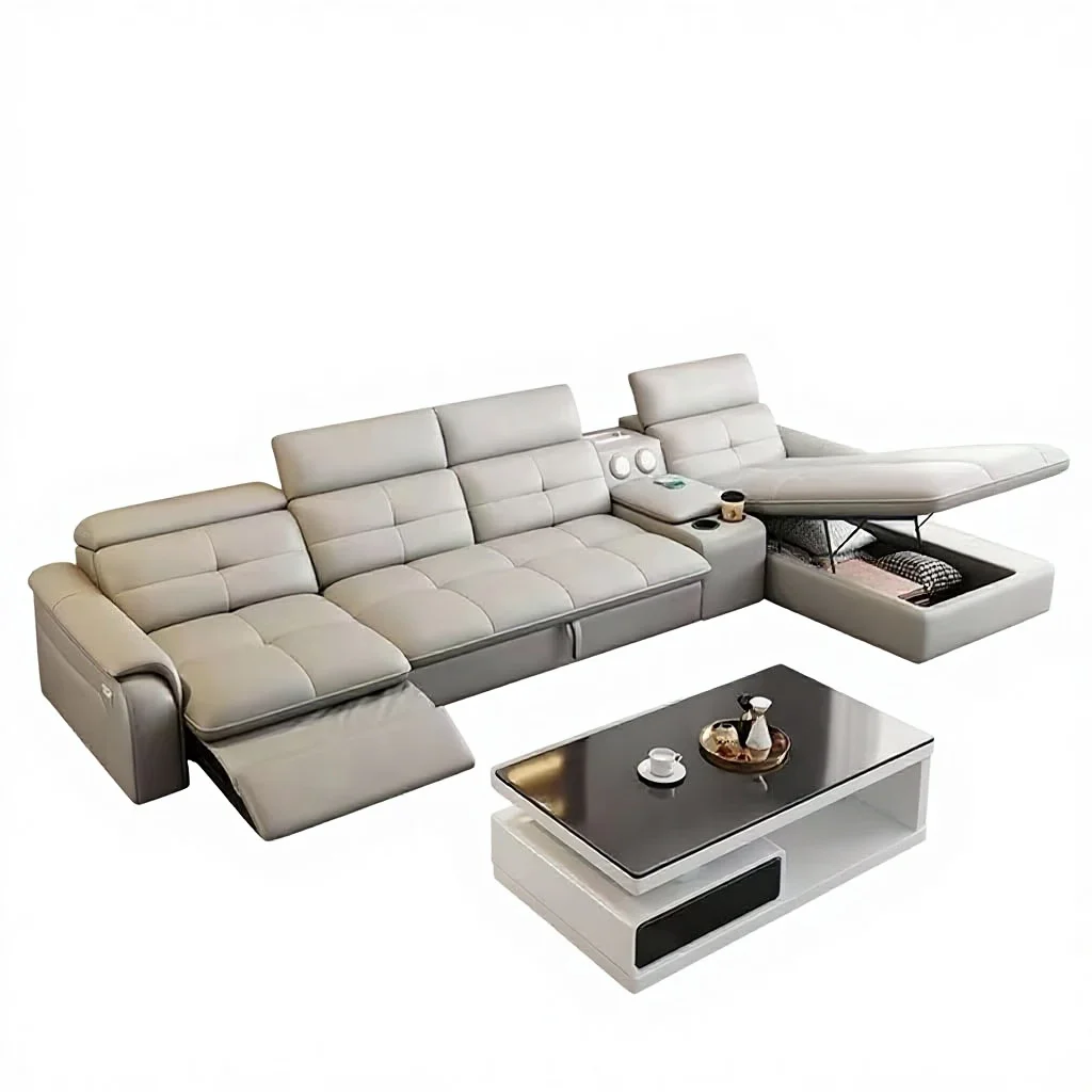 

Full-Grain Leather Electric Adjustable Wooden Frame Combination Sofa Bed Set Smart Living Rooms