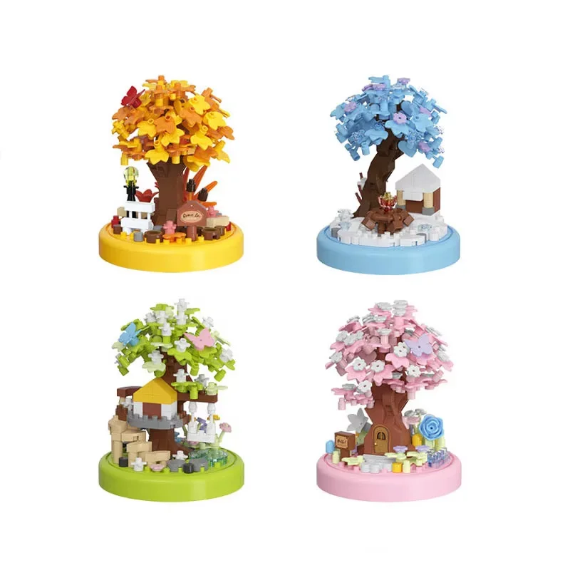 Cherry Blossom Tree House Potted Plant Micro Building Blocks With Transparent Dust Cover Assembly Ornaments MOC Bricks DIY Toys