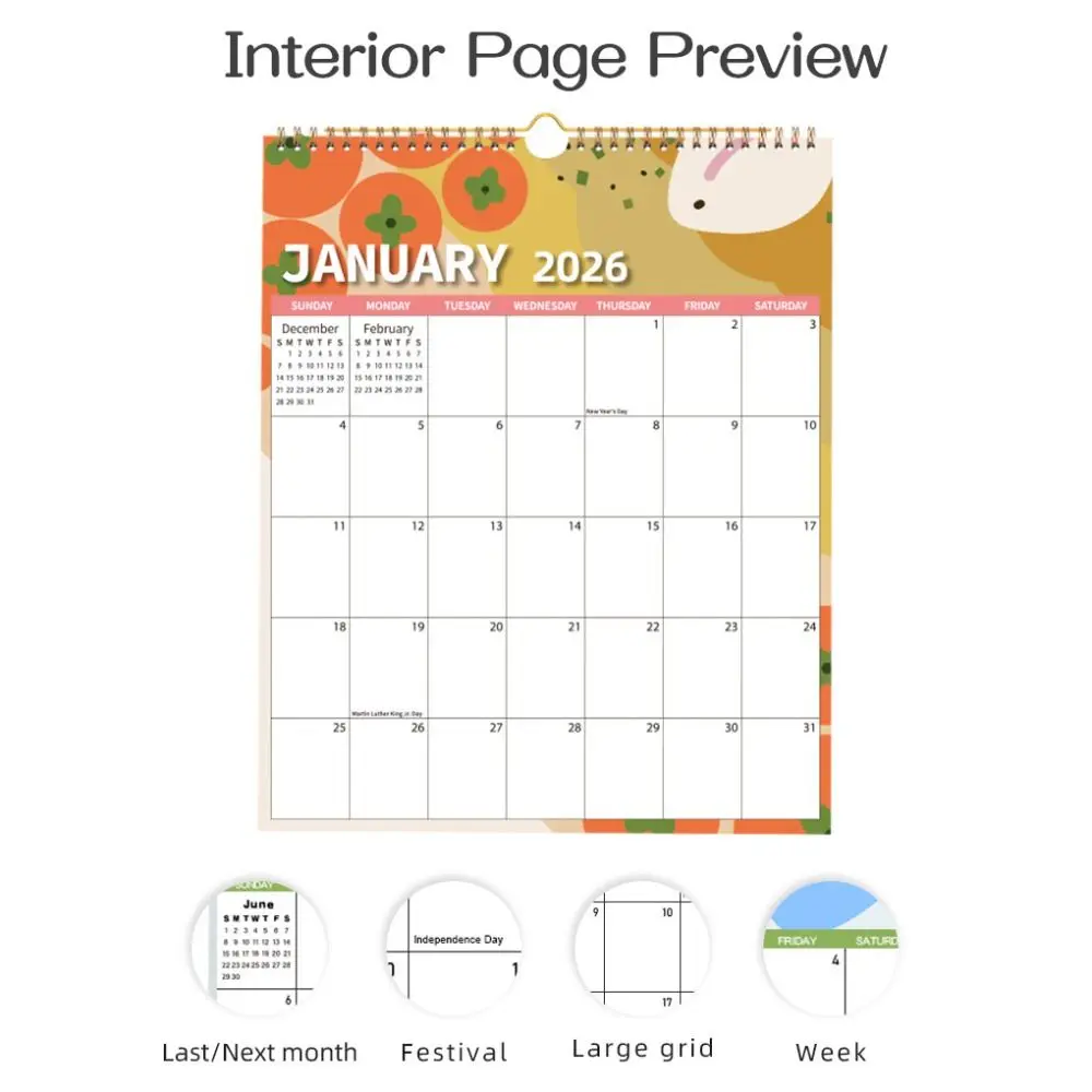 ปฏิทินวางแผนรายวันแบบพับได้ Wire-O-Binding มกราคม 2026 - ธันวาคม 2026 ปฏิทินติดผนังปี 2026 ปฏิทินแขวนหลากสีสำหรับการเรียนและการเดินทาง
