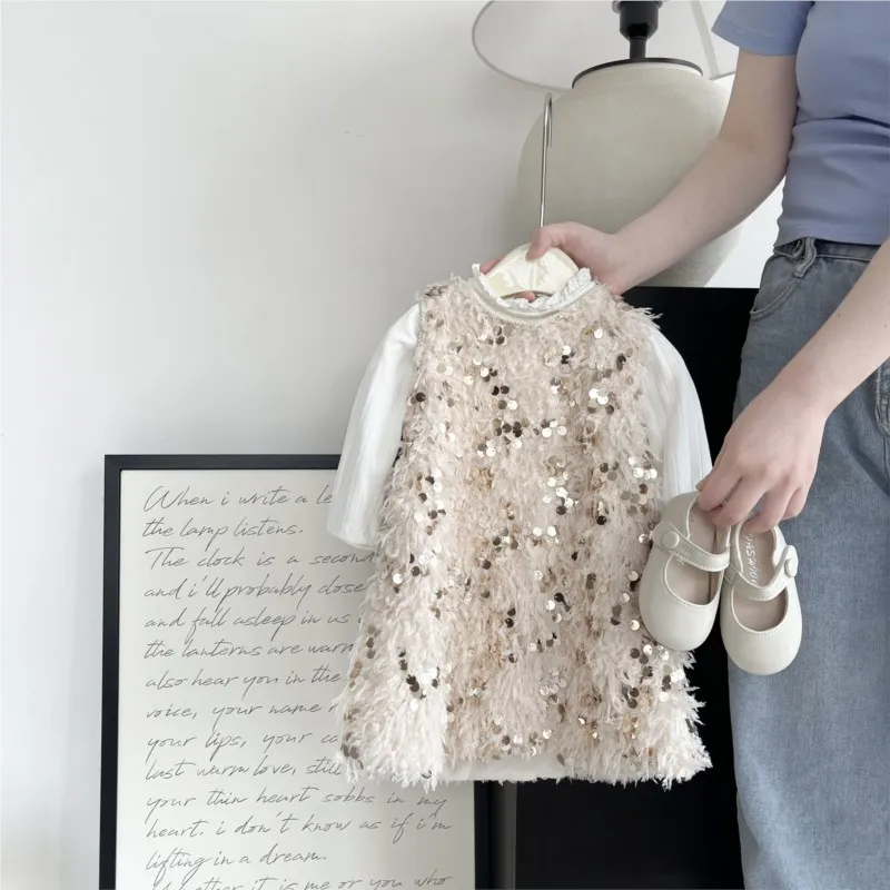 Newborn Baby Girl Plume Sequin Princess Vest Dress Infant Toddler Sleeveless Elegant Vestido Birthday Party Autumn Clothes 3-18M