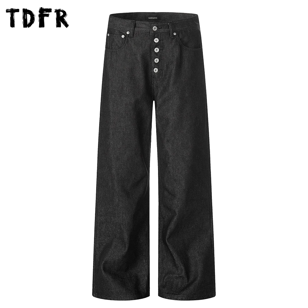 

Single Breasted Raw Jeans Mens Pocket Solid Color Retro Casual Baggy Straight-leg Denim Pants Man