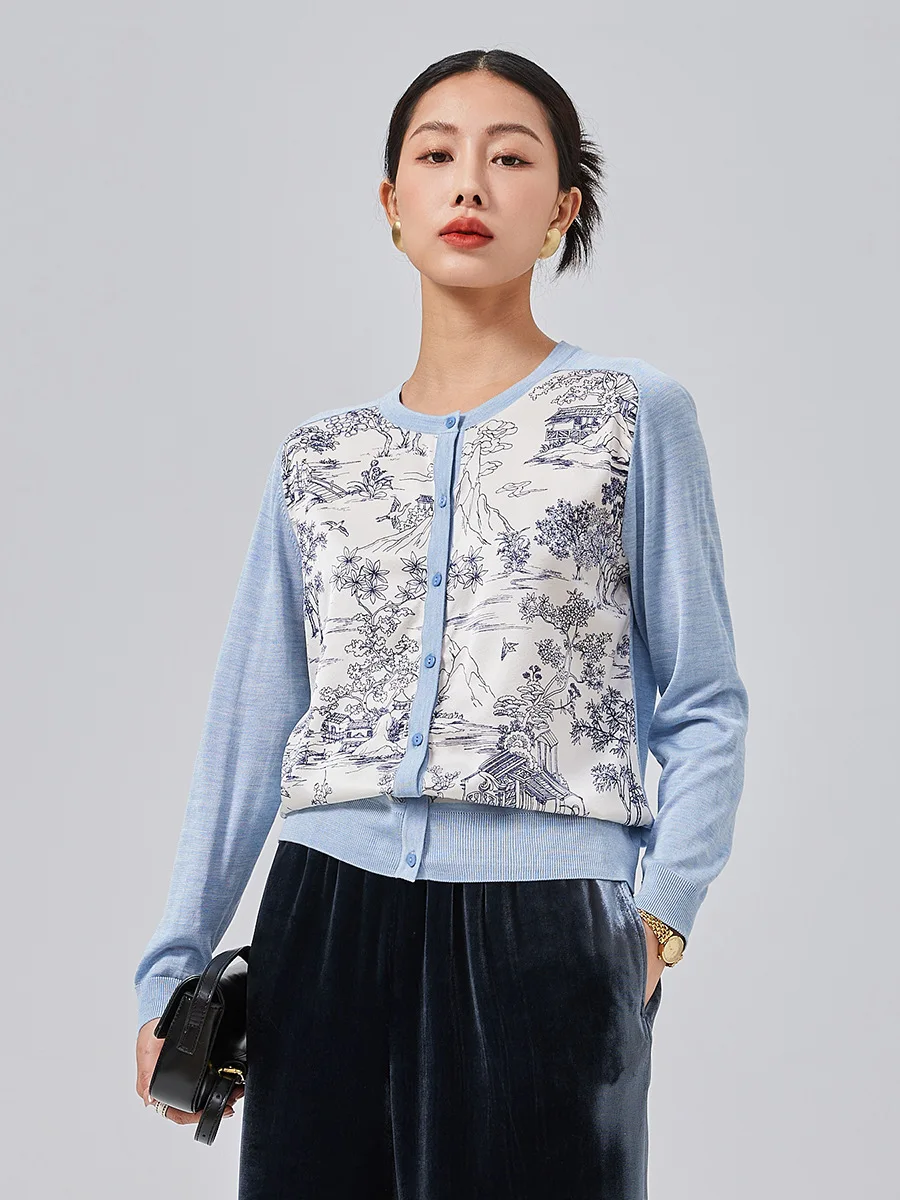 Birdsky, 1PC Women sweater top button cardigan office lady long sleeve landscape print combination 100% mulberry silk, S-525