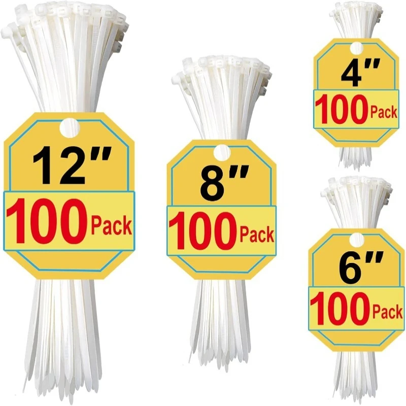 Fascette con cerniera da 100 pezzi, fascette bianche di dimensioni assortite, fascette bianche, fascette trasparenti, fascette resistenti ai raggi UV, fascette in plastica, fascette con cerniera trasparenti