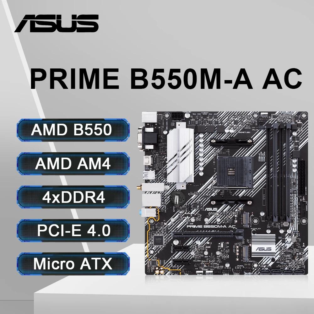 

ASUS PRIME B550M-A AC Motherboard Support Ryzen 5 5600 R7 5700X3D CPU AMD B550 4×DDR4 HDMI Dual SATA 6 USB 3.2 M.2 NVME PCIe 4.0