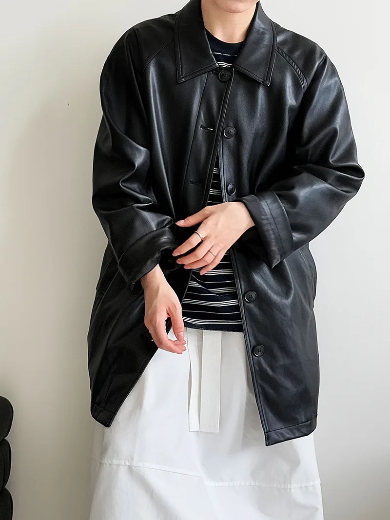 

Korean retro high-end black mid length leather jacket, autumn new soft glutinous PU jacket, top, women's clothing
