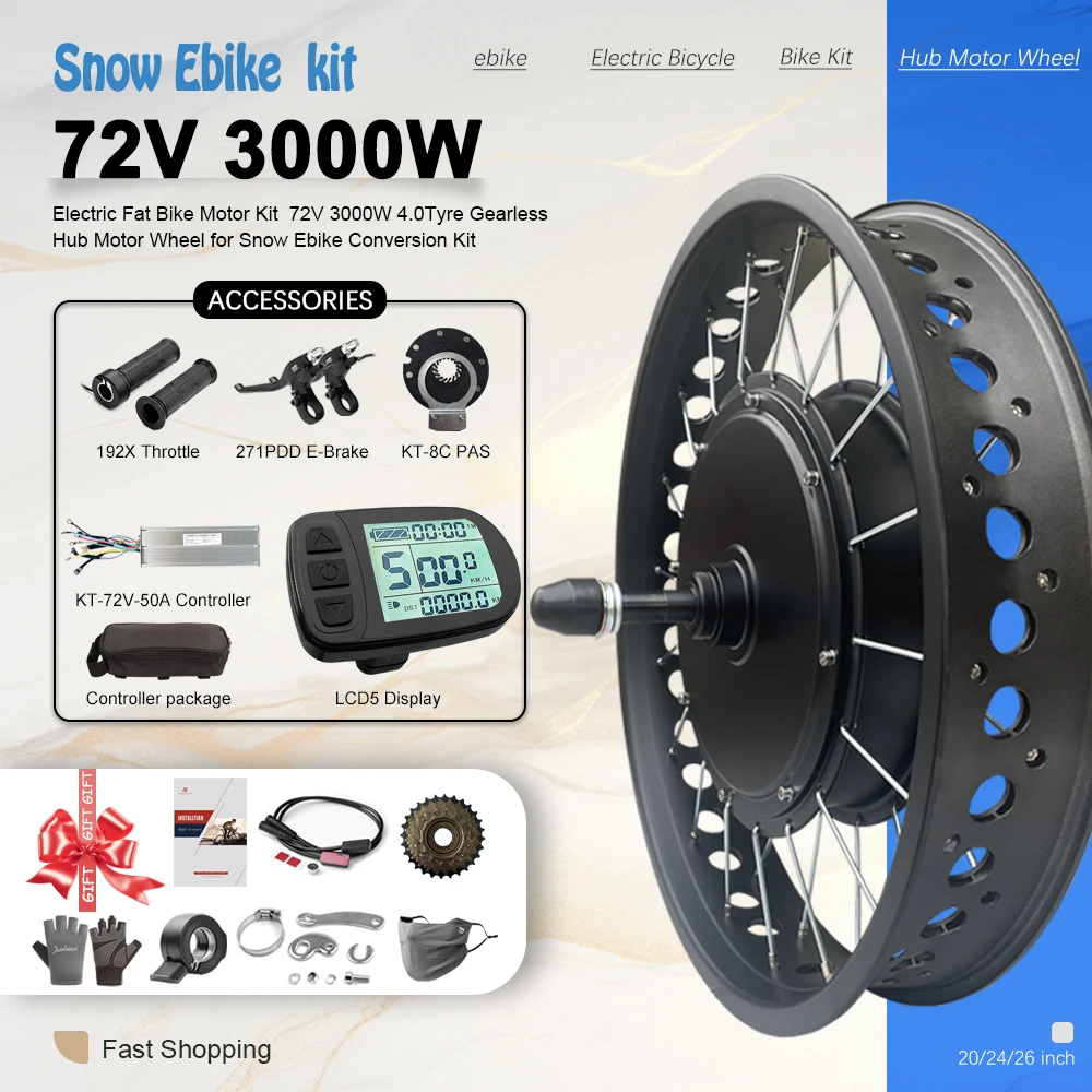 

72V 3000W Electric Fat Bike Conversion Kit Dropout 170mm for Snow Ebike Brushless Rear Rotate Hub Motor Wheel 20/24/26 inch