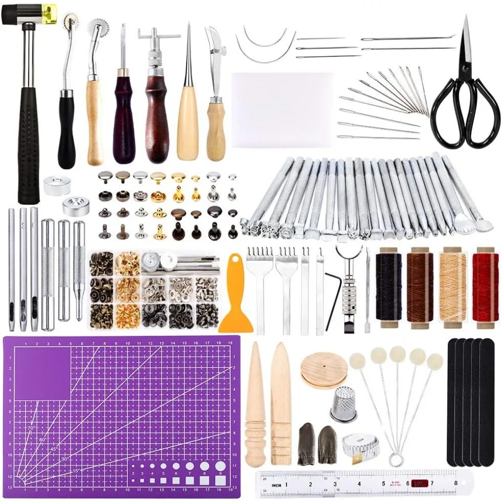 

183Pcs Leather kit, Leather Working Tools Kit with Saddle Making Tools Set, Leather Rivets Kit, Prong Punch, Hammer