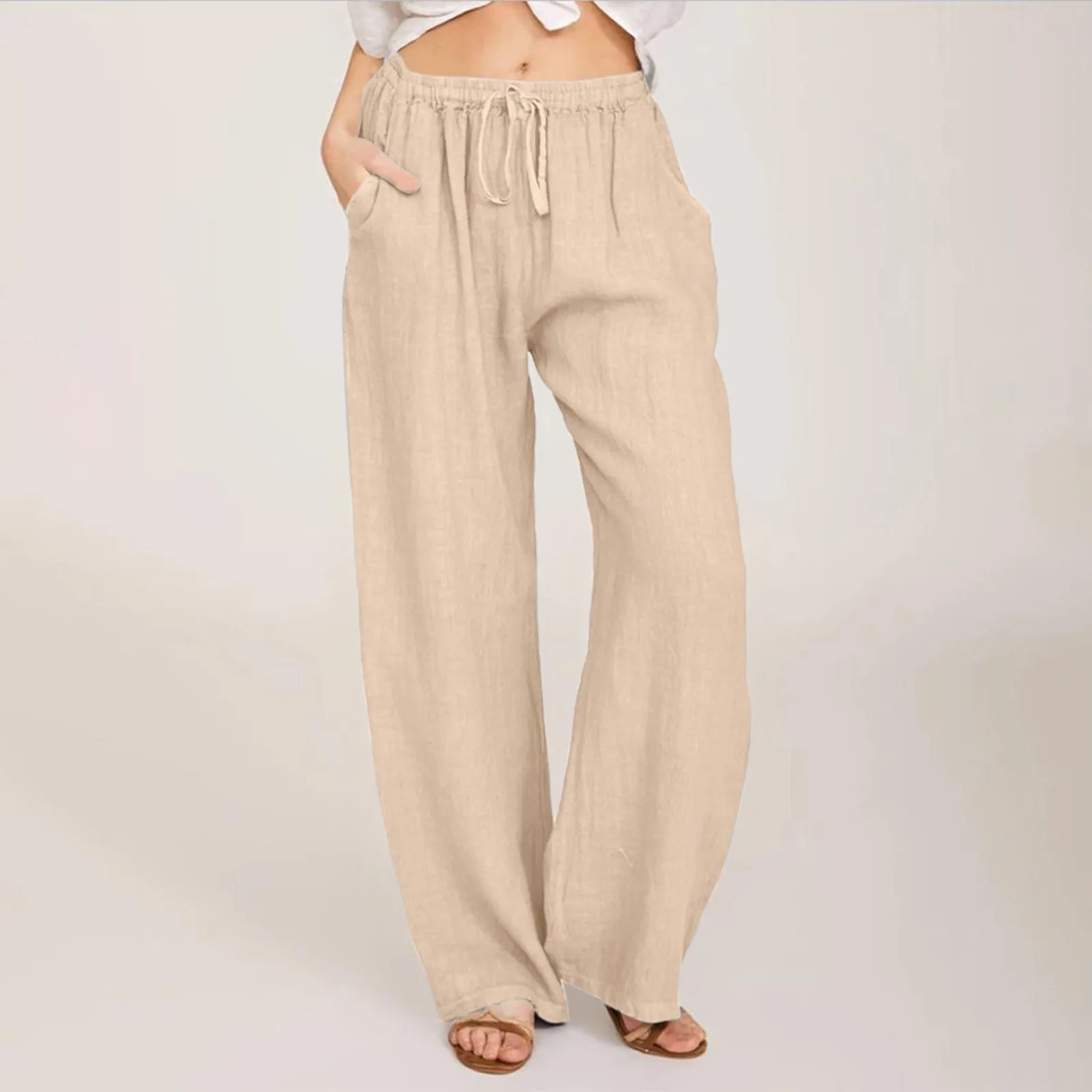 

Women Casual Solid Color Trouser Pant Cotton Linen Drawstring Elastic Waist Pocket Long Wide Leg Pants Trousers Sportswear