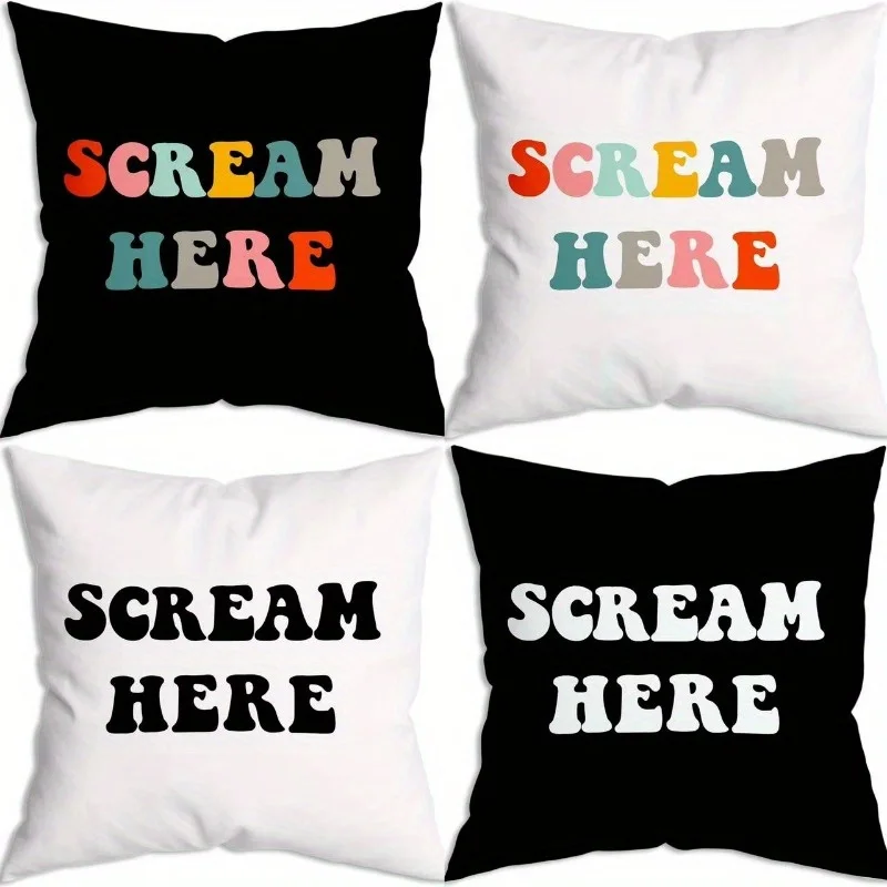 4PC Funny Scream Here Throw Pillow Covers Set of 4 Decorative Accent Pillows for Couch Bedroom Living Room Home Decor