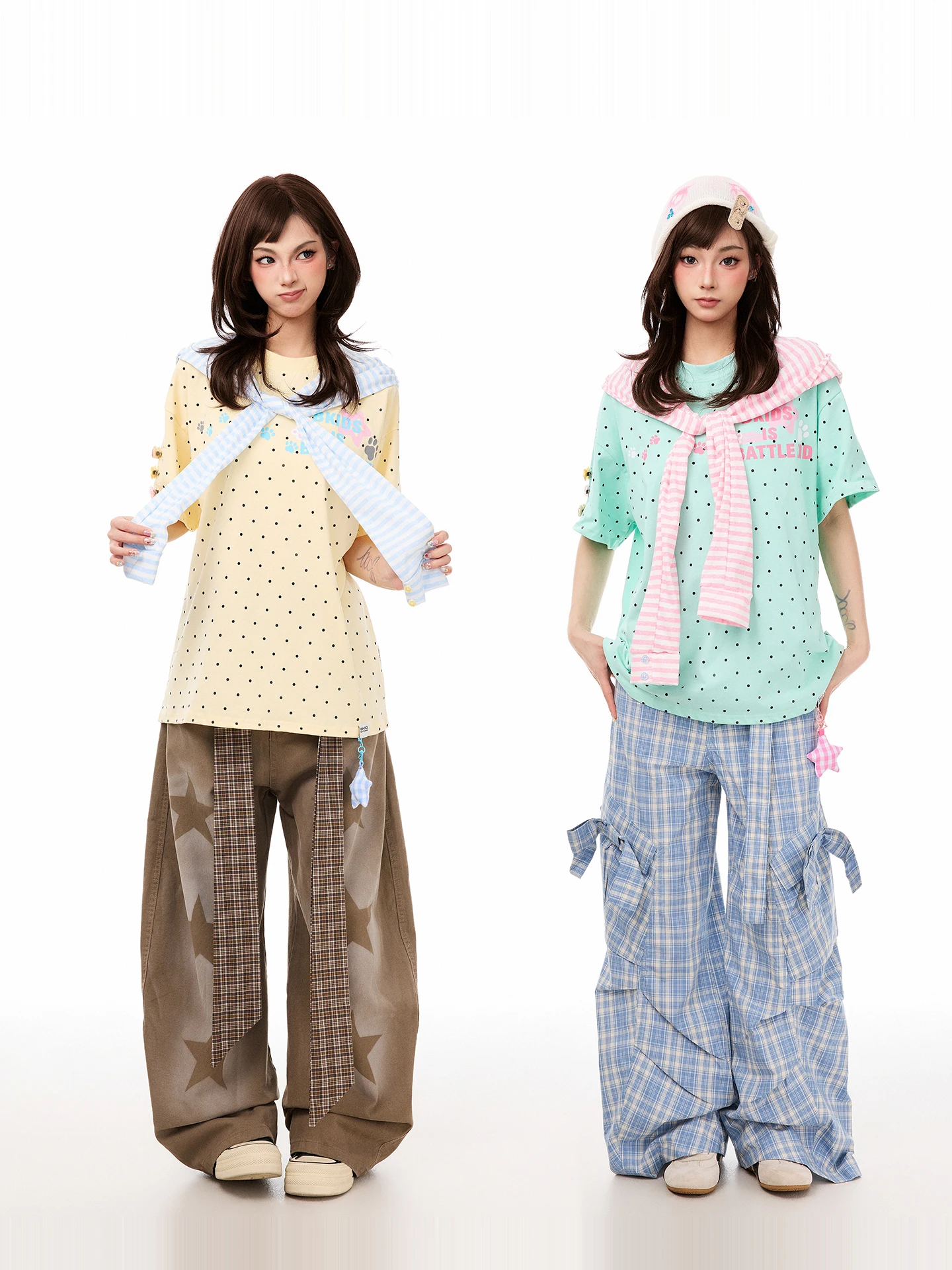 PBB Sweet Stripe Shoulder Wrap Polka Dot Short Sleeve round Neck Loose Women's T-Shirt Durable Cotton Summer Fashion Top