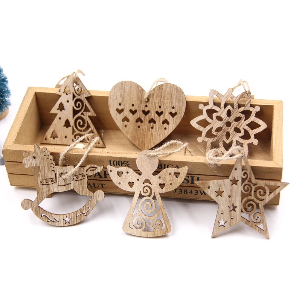 6PCS Vintage Christmas Wooden Pendants Hollow Hanging Ornaments for Christmas Tree Decorations Kids Xmas Gifts DIY Painting