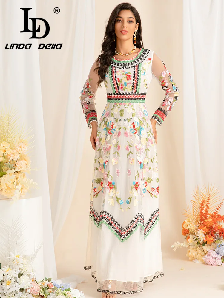 LD LINDA DELLA جودة عالية جديدة أنيقة الأقلية نمط صغير الأزهار التطريز السفر فضفاضة تناسب الملونة السيدات فستان طويل