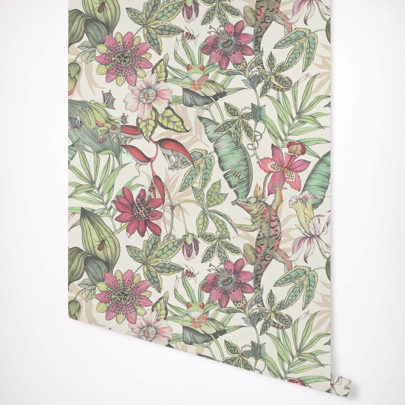 

Rainforest Wallpaper with local frog climb over lush flowers and foliage in a cream & multi coloured back