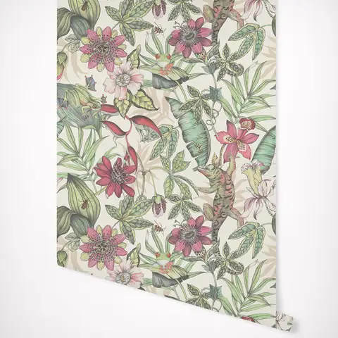 Rainforest Wallpaper with local frog climb over lush flowers and foliage in a cream & multi coloured back